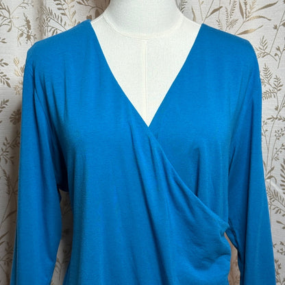 Soft Surroundings Wrap Drape Top Women 1X Teal Blue Faux Surplice Stretch Travel