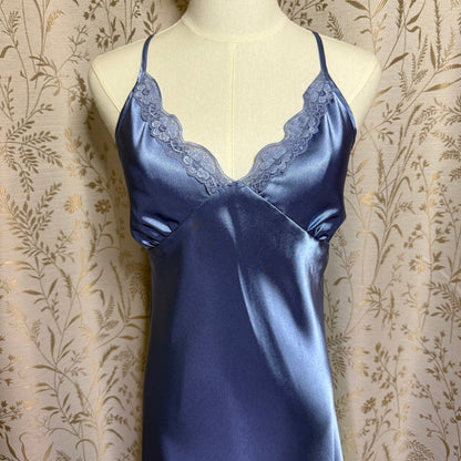 Alcea Rosea Satin Lace Trim Slip Dress Women M Blue Coquette Romantic Feminine