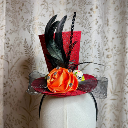 Day of the Dead Red Top Hat Headband Skull Feathers Ruffles Halloween Masquerade