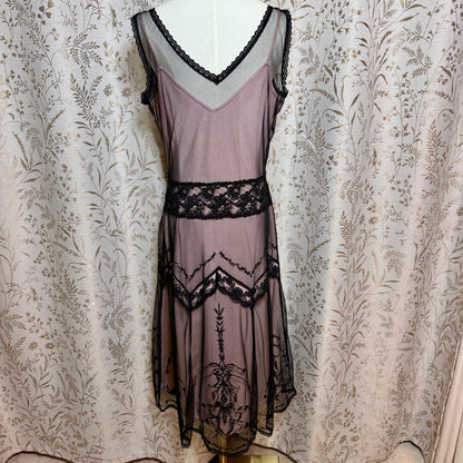 Newport News VTG Y2K Lace Mesh Flapper Dress 10 Black Pink Art Deco Gatsby 1920s
