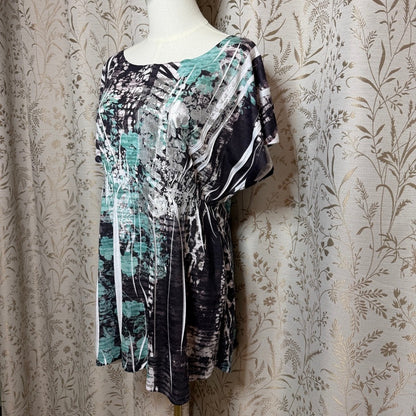 Style&Co Whimsigoth Tunic Blouse Women L Floral Silver Teal Flowy Boho Romantic