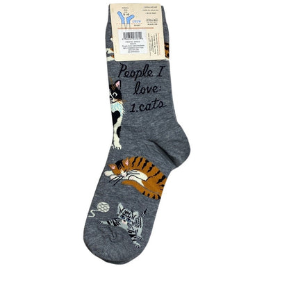 Blue Q "People I Love: Cats" Crew Socks NWT Gray Cotton Calico Tabby Kitten