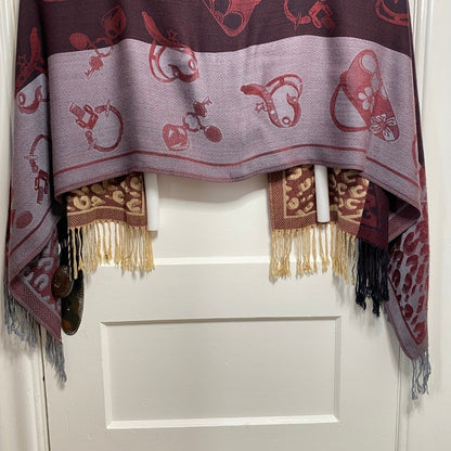 Reversible Pashmina Shawl Wrap Burgundy Tan Leopard Novelty Print Fringed Boho