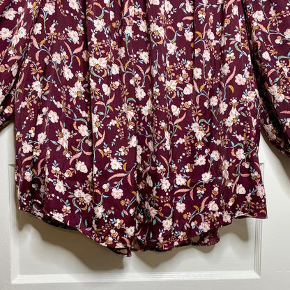 LC Lauren Conrad Floral Balloon Sleeve Blouse Womens L Boho Peasant Top Maroon