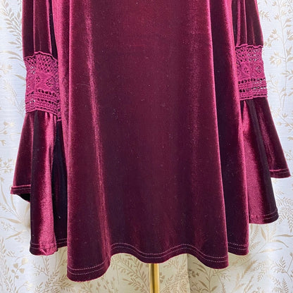 Velvet Burgundy Bell Sleeve Top XL Crochet Lace Boho Witchy Whimsigoth Retro