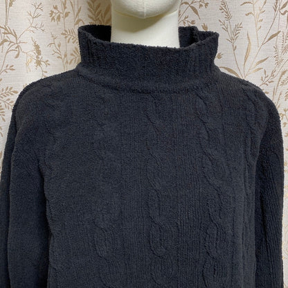 Black Cable Knit Mock Neck Sweater L Soft Fuzzy Textured Plush Pullover Cozycore