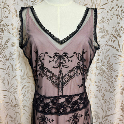 Newport News VTG Y2K Lace Mesh Flapper Dress 10 Black Pink Art Deco Gatsby 1920s