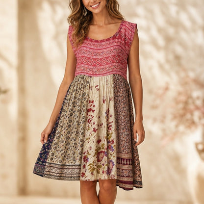 Kashi Vintage 100% Silk Patchwork Boho Midi Dress Womens L Pink Floral Festival