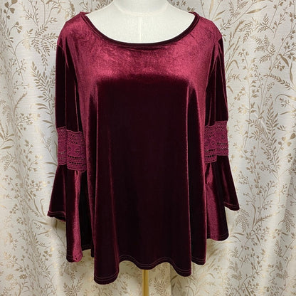 Velvet Burgundy Bell Sleeve Top XL Crochet Lace Boho Witchy Whimsigoth Retro