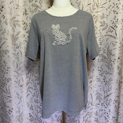 Quacker Factory Pearl Rhinestone Kitty Top 1X Cat Lover Whimsigoth Grandmacore