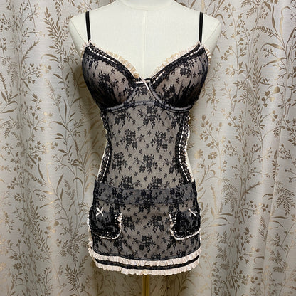 2009 Victoria's Secret Lace Maid Babydoll Chemise 36C Bow Coquette Sirencore