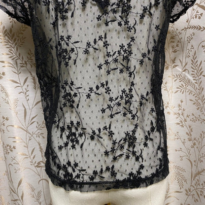 Black Embroidered Lace Mesh Top Small Coquette Soft Goth Romantic Sheer Floral
