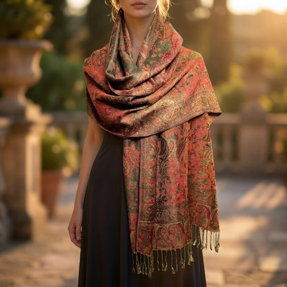 Paisley Pashmina Scarf Shawl Women OS Fringe Rust Olive Boho Autumnal Fairycore