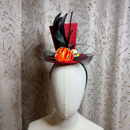 Day of the Dead Red Top Hat Headband Skull Feathers Ruffles Halloween Masquerade