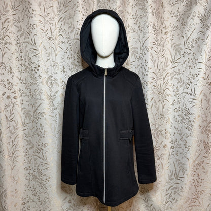 Details INTL Black Hooded Full-Zip Knit Jacket Women L Minimalist Dark Academia