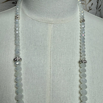 Vintage Artisan Faceted White Glass Bead Opera Rope Necklace 90s Boho Romantic