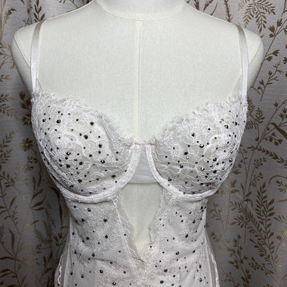 Victorias Secret White Lace Rhinestone Cheeky Teddy M/L Low Back Bridal Coquette