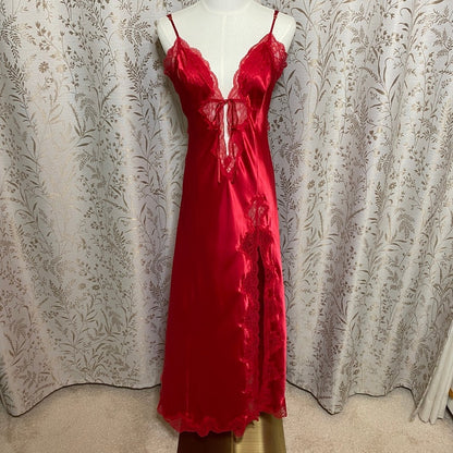 Victoria Secret Crimson Satin Lace Maxi Slip Dress Large Slit Sirencore Coquette