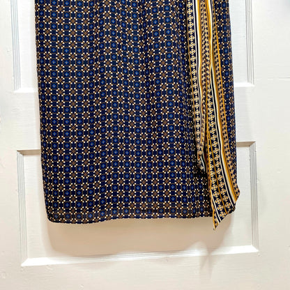 Max Studio Geometric Midi Dress Small Navy Blue Long Sleeve Boho Office Siren