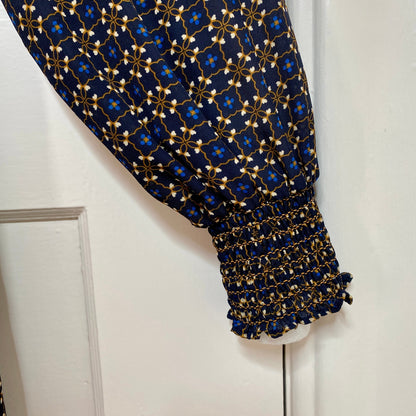 Max Studio Geometric Midi Dress Small Navy Blue Long Sleeve Boho Office Siren