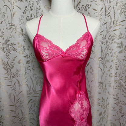 Shirley of Hollywood Hot Pink Satin Lace Slip Dress Womens S Romantic Coquette