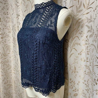 BB Dakota Crochet Lace Mock Neck Blouse XS Navy Blue Dark Romantic Whimsigoth