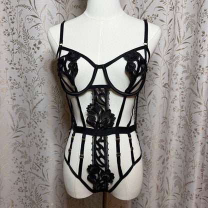 For Love & Lemons x VS Cage Floral Lace Teddy Bodysuit S/M Vampy Glam Boudoir