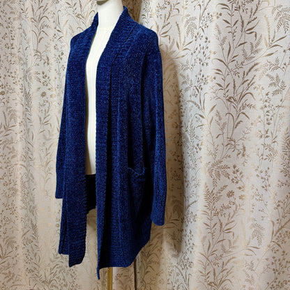 Orvis Chenille Open Front Duster Cardigan Women XXL Blue Cozy Cabincore Grandma