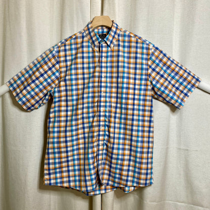 Jos A Bank Plaid Shirt Mens L Traveler Blue Orange Short Sleeve Button Down
