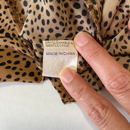 SHEIN Dalmation Print Flutter Blouse Tan Black Medium Keyhole Tie Office Siren