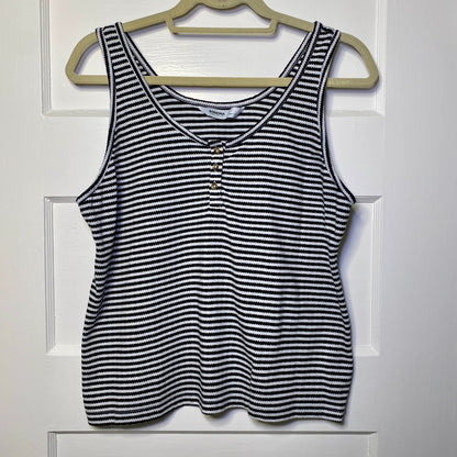 Sonoma Striped Henley Tank Top Women L Black White French Girl Coastal Nautical