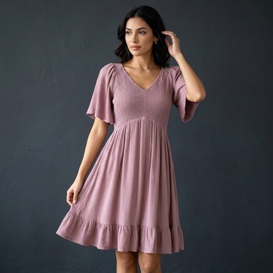 In Loom Mauve Smocked Mini Dress Small Cottagecore Boho Flutter Sleeve V-Neck