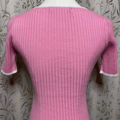 ZESICA Pink Ribbed Knit Sweater Top Small White Trim Short Sleeve Bodycon Preppy