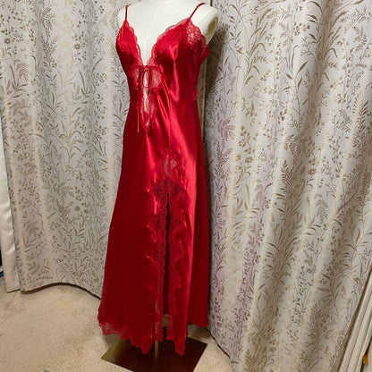 Victoria Secret Crimson Satin Lace Maxi Slip Dress Large Slit Sirencore Coquette