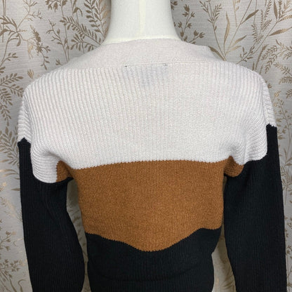 Lulus Colorblock Cardigan Knit Sweater XS Tan White Black V-Neck Button Neutrals