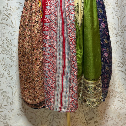 Kashi Vintage 100% Silk Patchwork Boho Midi Dress Womens L Pink Floral Festival
