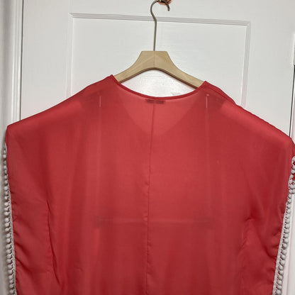 Adreamly Sheer Coral Pink Pom Pom Kaftan Poncho O/S Beach Cover Up Resortwear