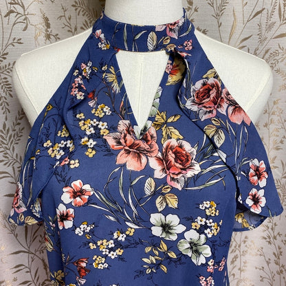 IZ BYER Blue Floral Ruffle Halter Top Small Keyhole Romantic Boho Cottagecore