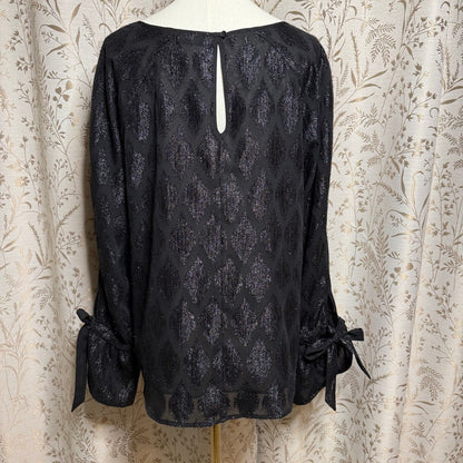 Halogen NWT Metallic Argyle Tie Cuff Blouse Women XL Black Whimsigoth Holiday