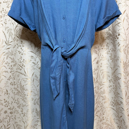 Grace Karin Tie Front Shirt Dress Women XL Blue Linen Blend Coastal Minimalist