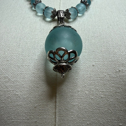 Vintage Frosted Blue Glass Orb Pendant Necklace 1990s Whimsigoth Boho Victorian