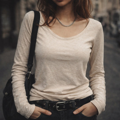 Zenna Outfitters Cream Long Sleeve Scoop Neck Tee Women S Distressed Grunge