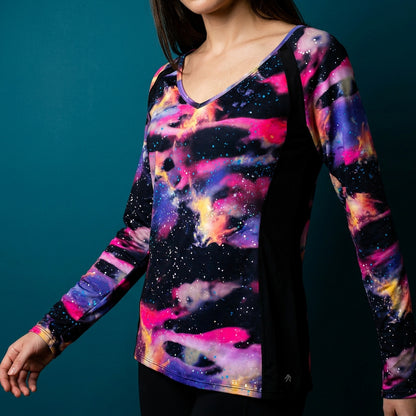 Ideology Galaxy Print Long Sleeve Top Large Nebula Techwear Rave Athleisure Yoga
