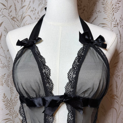 Black Lace Mesh Halter Teddy OS Boudoir Goth Dark Coquette Romantic Sirencore