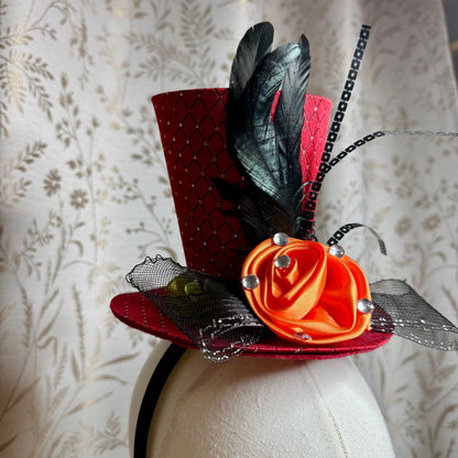 Day of the Dead Red Top Hat Headband Skull Feathers Ruffles Halloween Masquerade