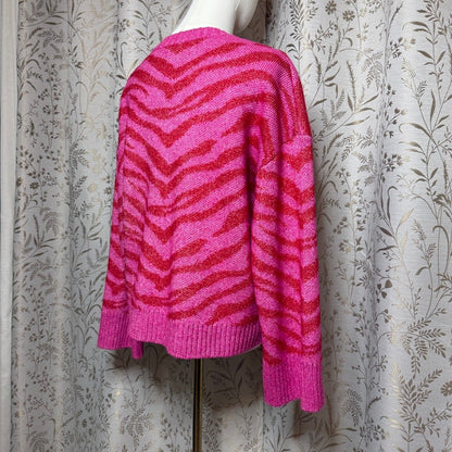Nine West Red Pink Zebra Print Sweater Women L Dopamine Dressing Barbiecore Bold