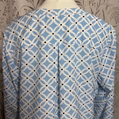Notations Geometric Top Women XL Blue White Convertable Sleeve Office Corpcore