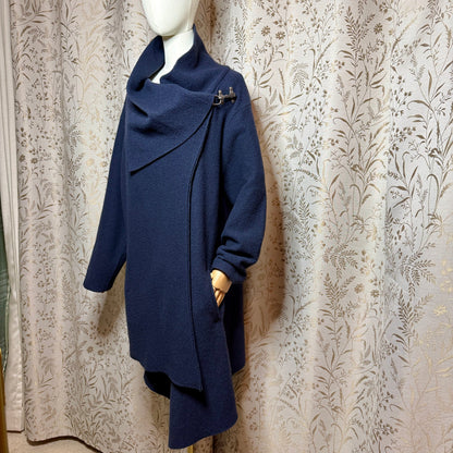 Garnet Hill Asymmetrical Boiled Wool Coat Women 18 Plus Blue Shawl Collar Artsy