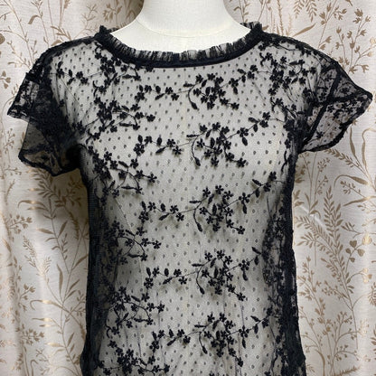 Black Embroidered Lace Mesh Top Small Coquette Soft Goth Romantic Sheer Floral