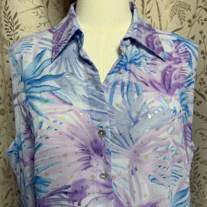 Shaver Lake Vintage Sleeveless Semi Sheer Blouse Women XL Y2K Tropical Sparkle
